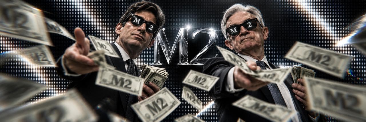 M2 money raining around two suited figures